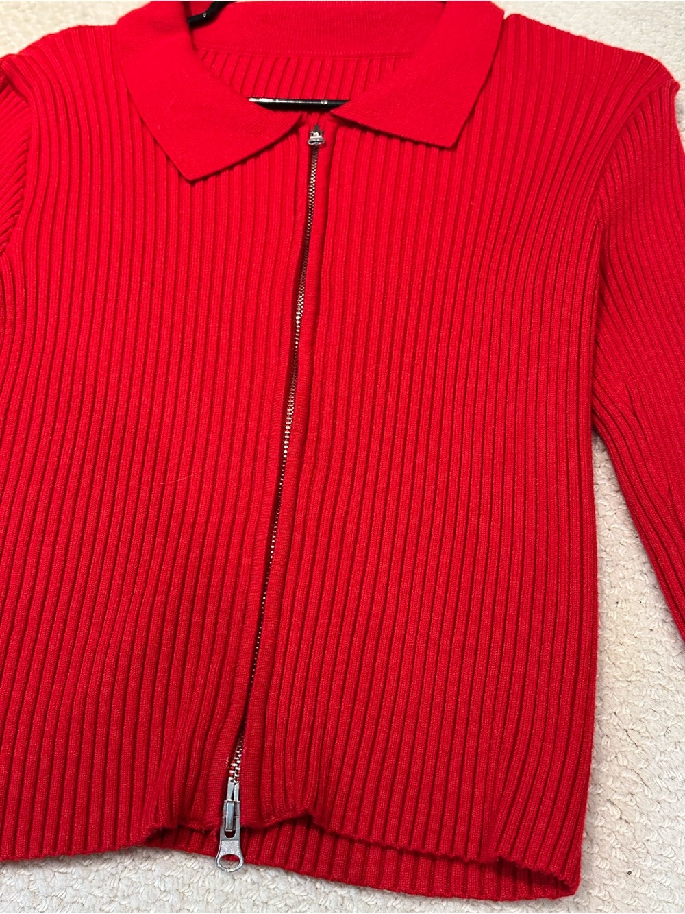 Vintage Red Ribbed Zip-Front Collared Sweater - Picture 2 of 3